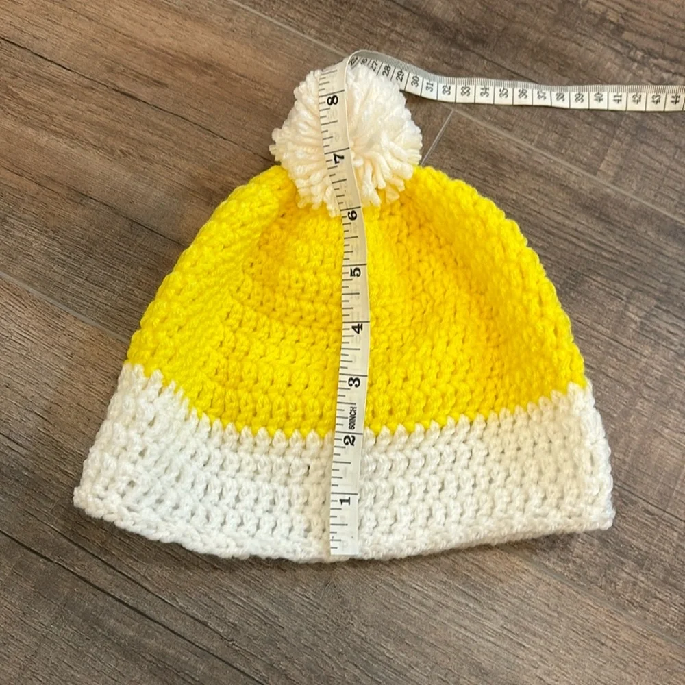 Handmade Child’s Crochet Beanie Hat‎ with Pom Pom in Yellow & White